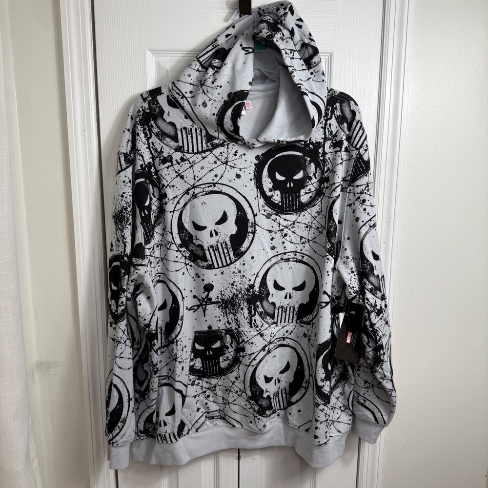 Marvel Punisher Hoodie 3XL White Black Splatter Print Streetwear Graphic NWT
